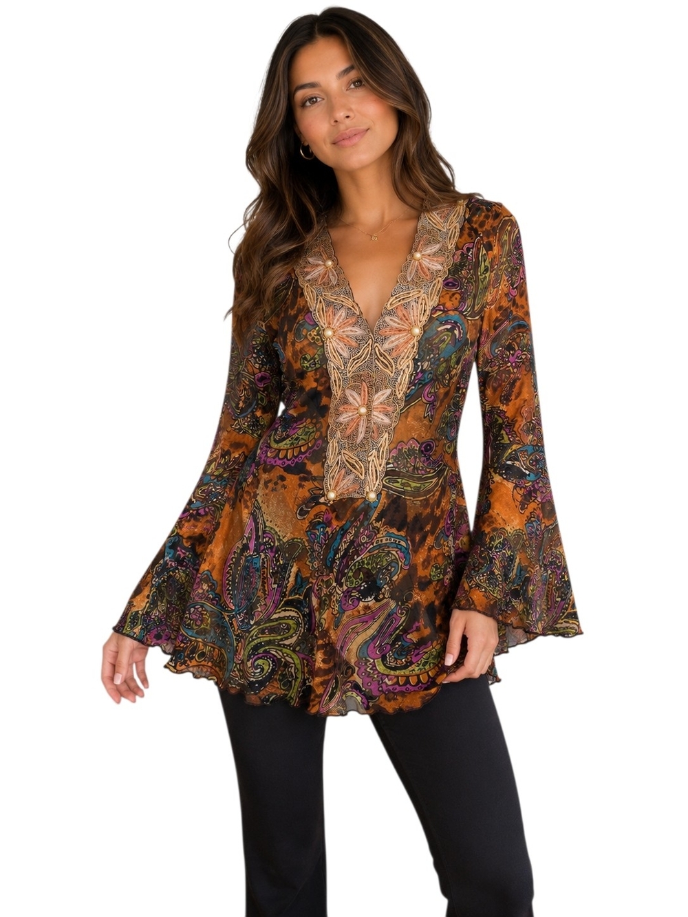 Mary.L Couture Vintage 100% Silk Beaded Paisley Tunic Top Made in USA Medium